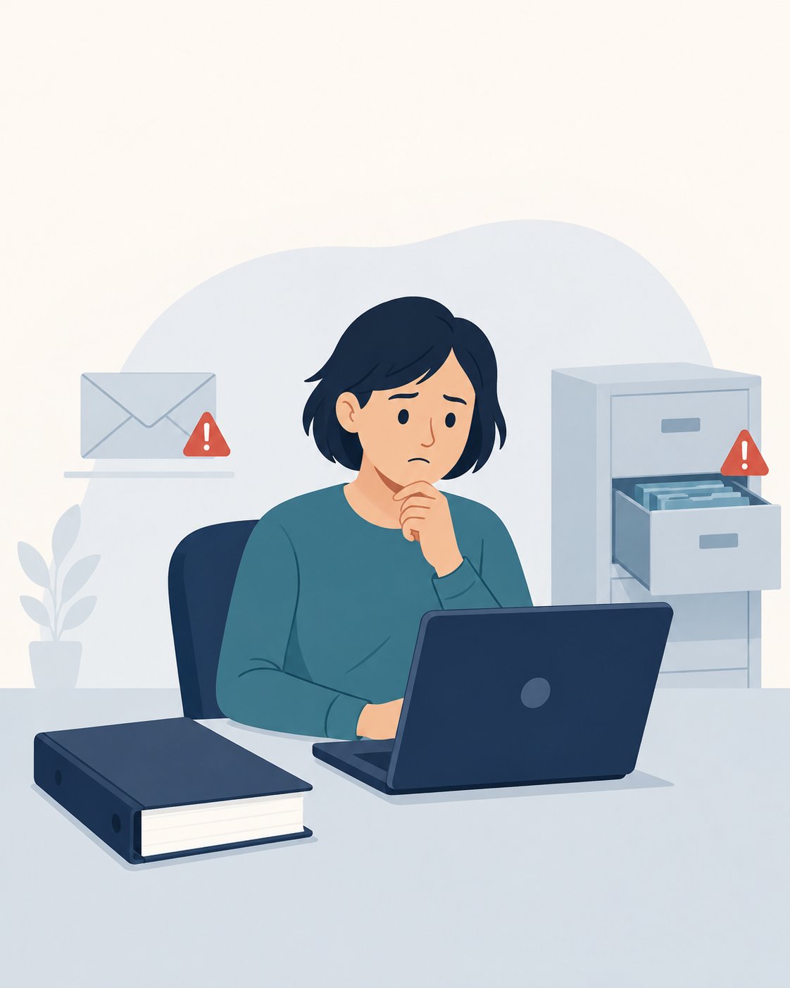 A new employee at a laptop, with warning signs around an email and client records, illustrating why AI access controls should limit access before training and review.