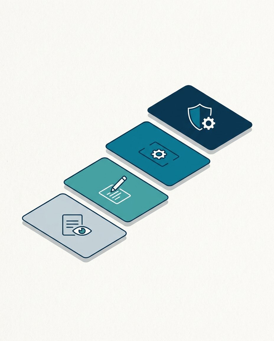 Four ascending access cards show the progression from observing a document, to drafting, to limited execution, to safeguarded autonomy. The visual summarizes a staged AI access-controls rollout.